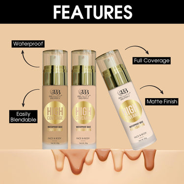 Beauty Berry High Coverage Waterproof Base Foundation | Oil Free, Long Wearing & Lightweight Foundation | Full Coverage Foundation for Face Makeup Enriched with Jojoba Seed Oil (06 - Medium Beige, 55g)